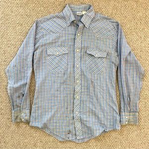 TEXAS VINTAGE Pearl-snap Western-style Shirt. Size M. Blue, orange, white, gold